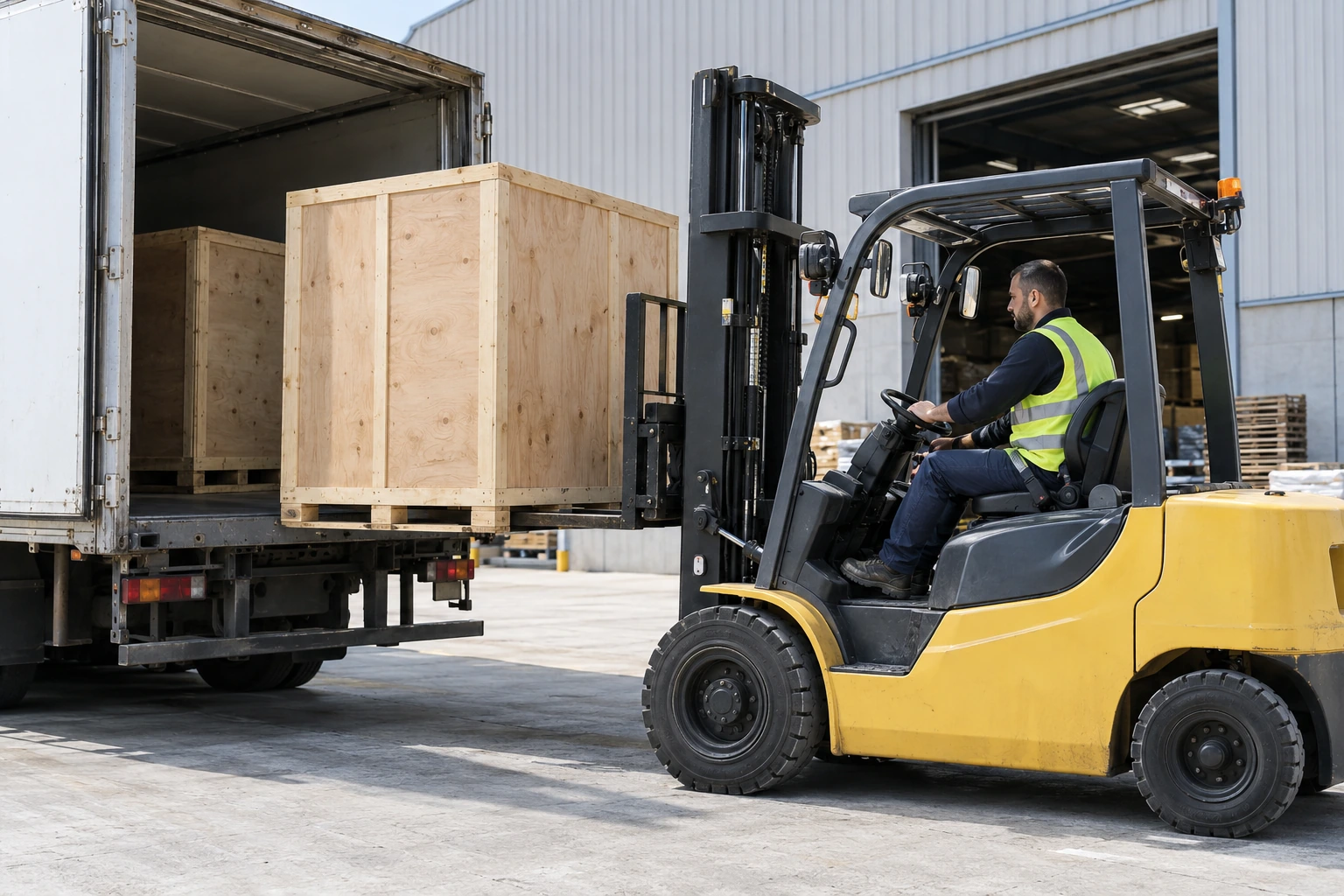 Illustrative forklift unloading a wooden crate at a receiving warehouse