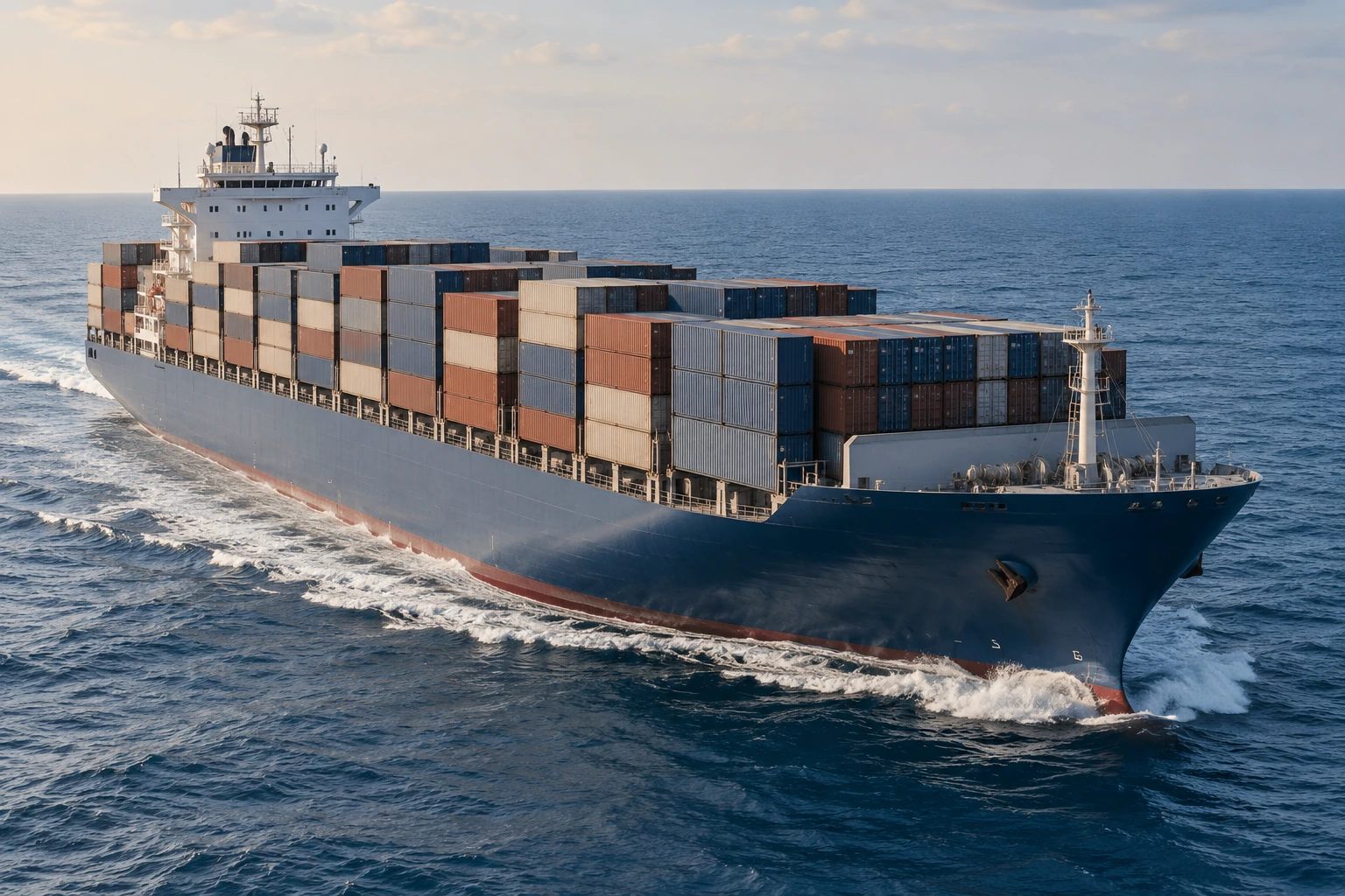 Illustrative container ship transporting cargo across the sea