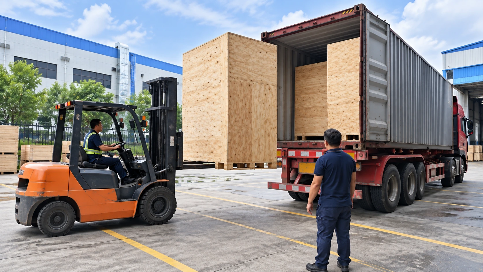 Illustrative forklift loading a wooden equipment crate at a container truck