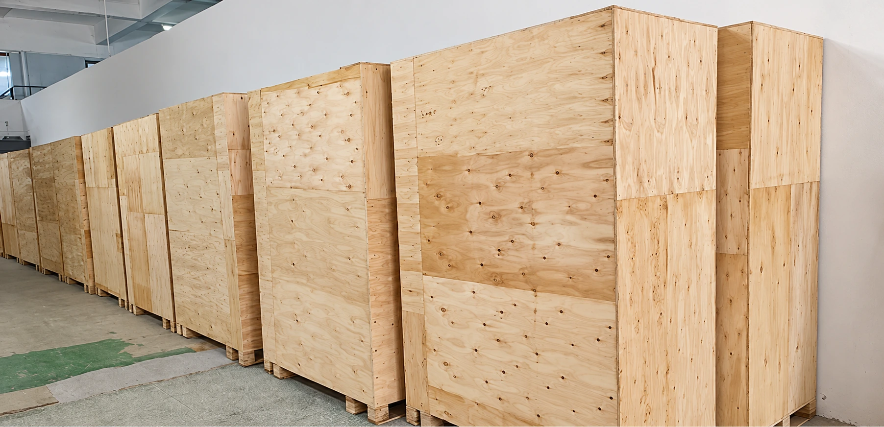 AI-enhanced reference of upright plywood equipment crates in a warehouse