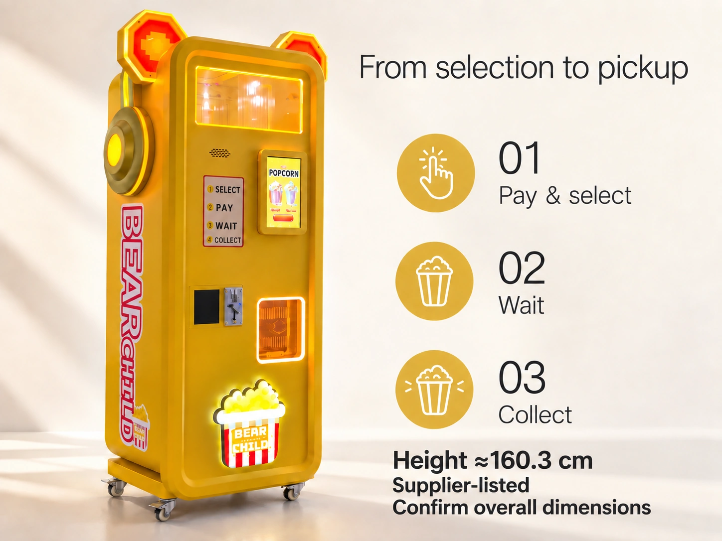 A simple self-service sequence — Bear Popcorn Vending Machine product illustration