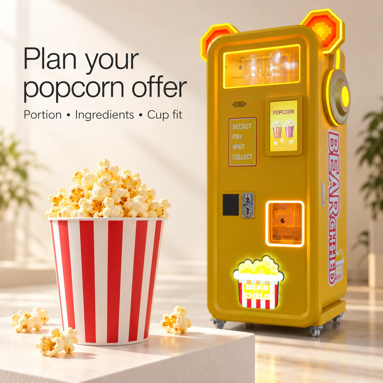 Plan the serving format — Bear Popcorn Vending Machine product illustration