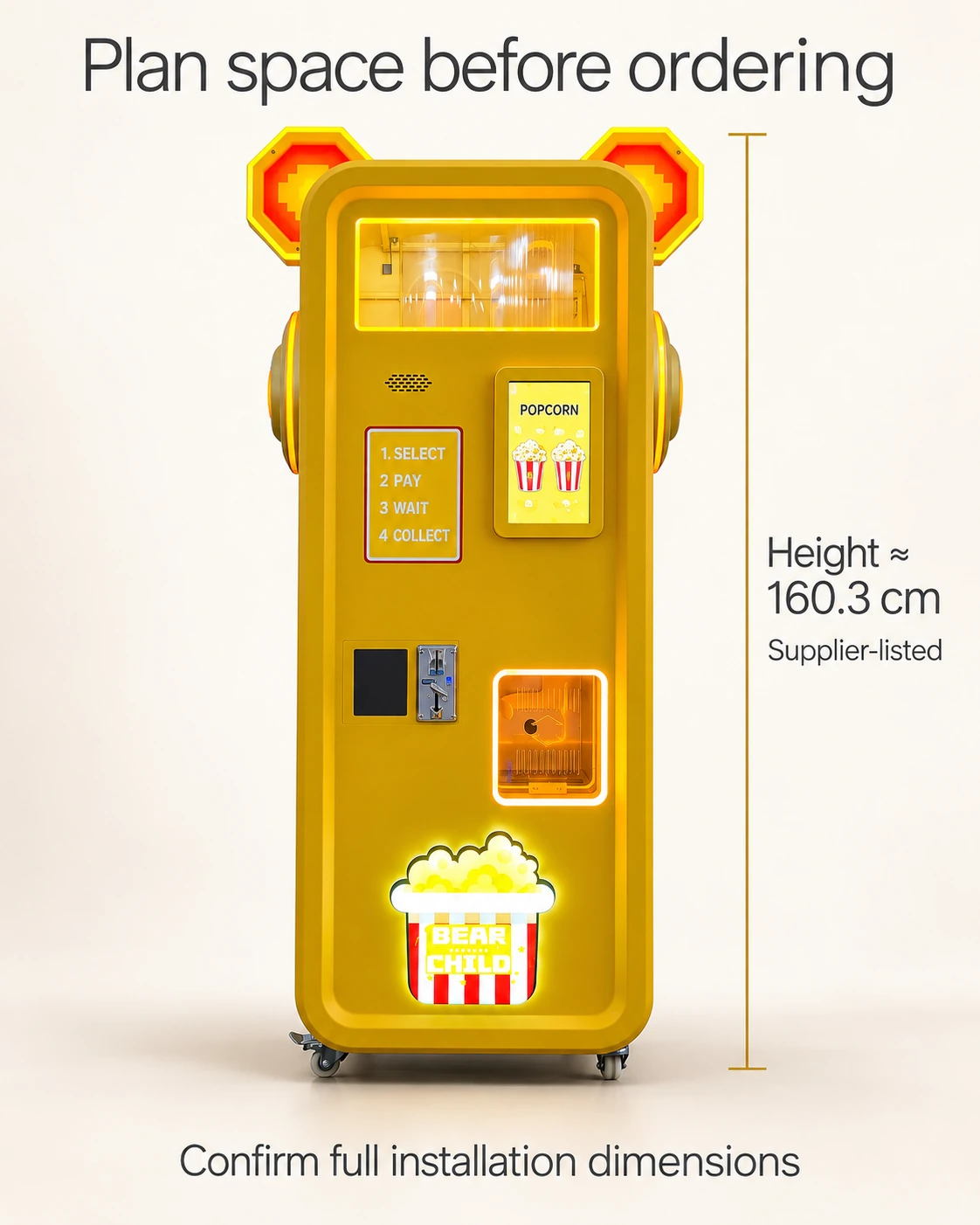 Plan space before ordering — Bear Popcorn Vending Machine product illustration