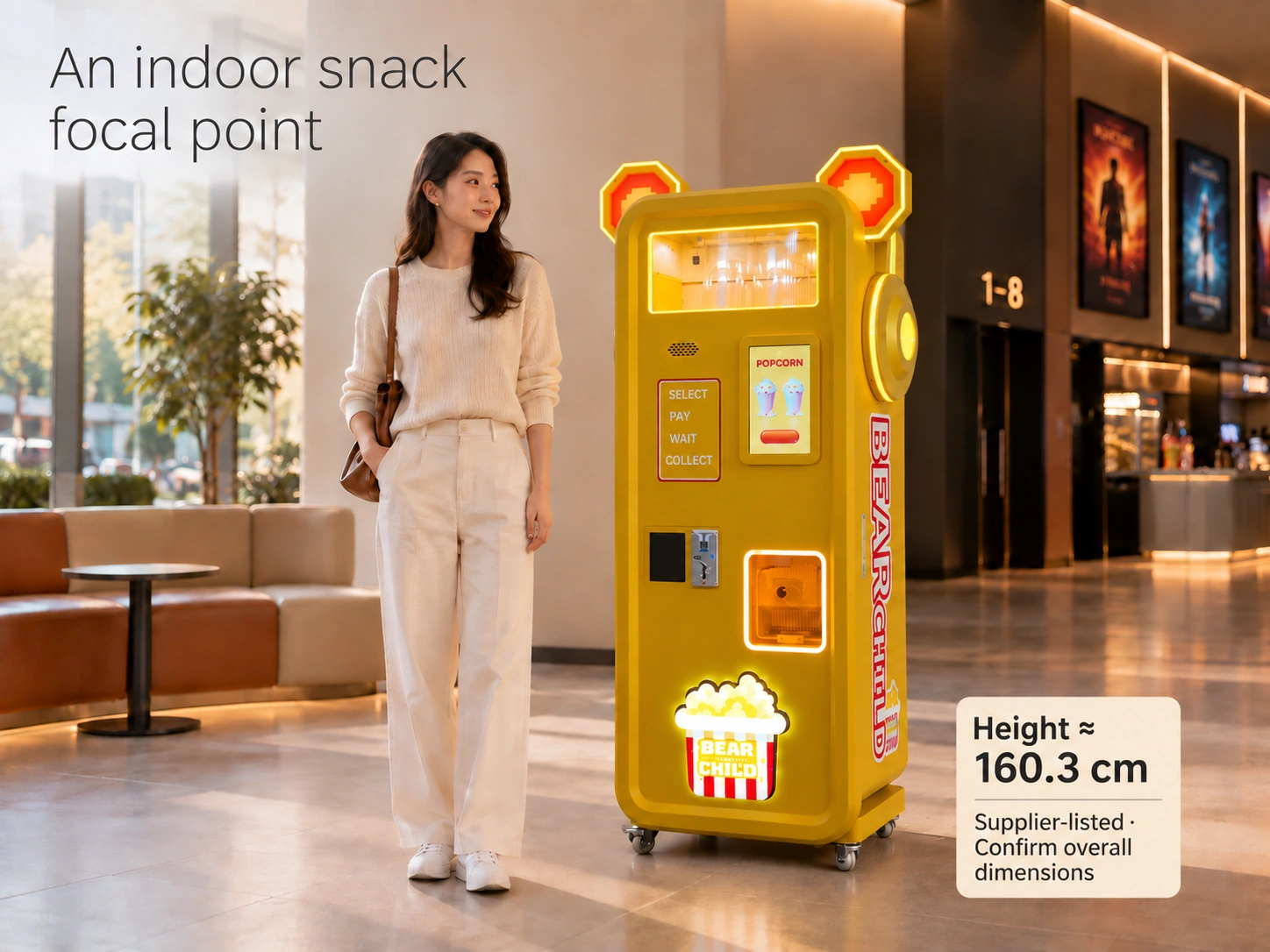 A snack point for indoor venues — Bear Popcorn Vending Machine venue layout illustration