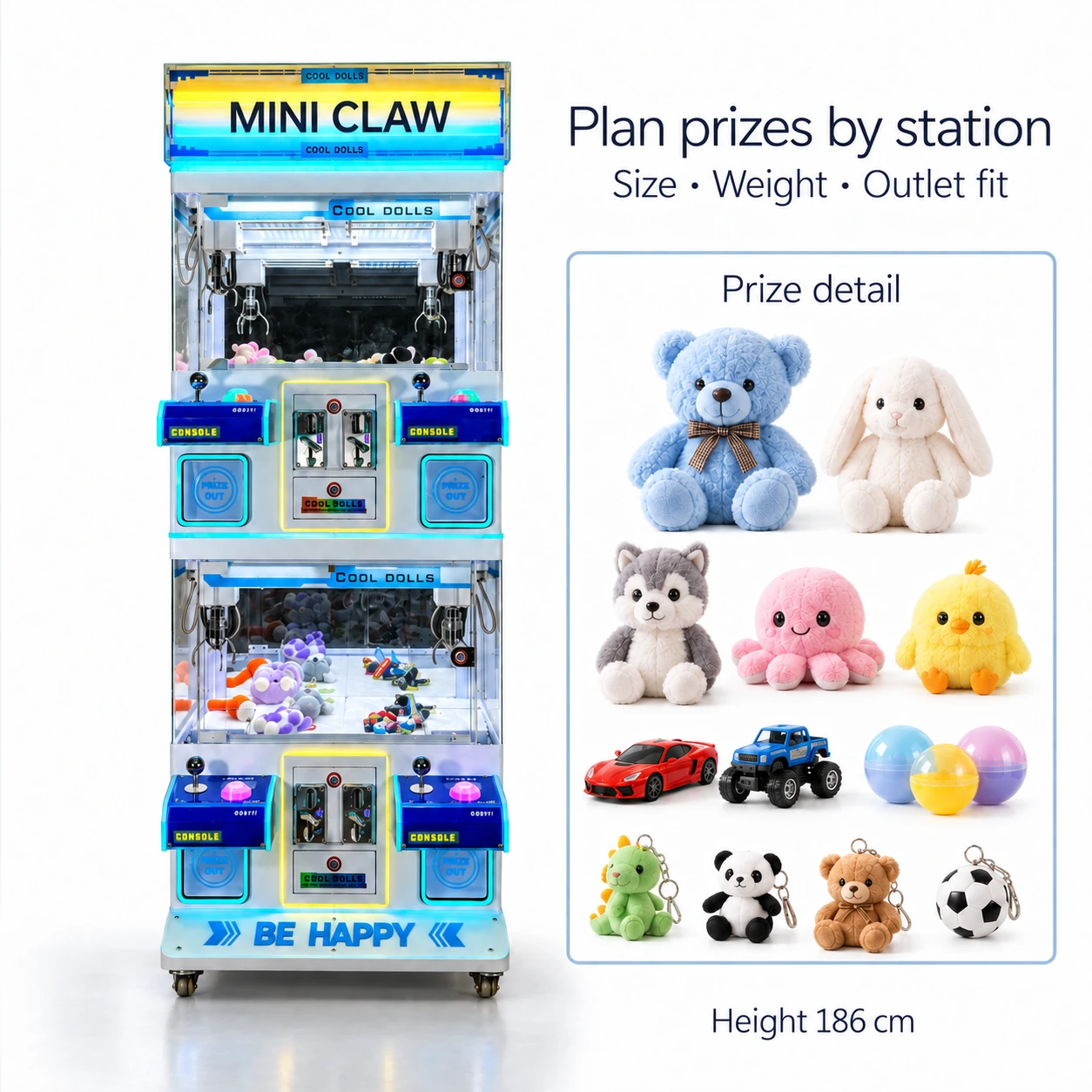 Blue Four-Station Mini Claw — prize or output