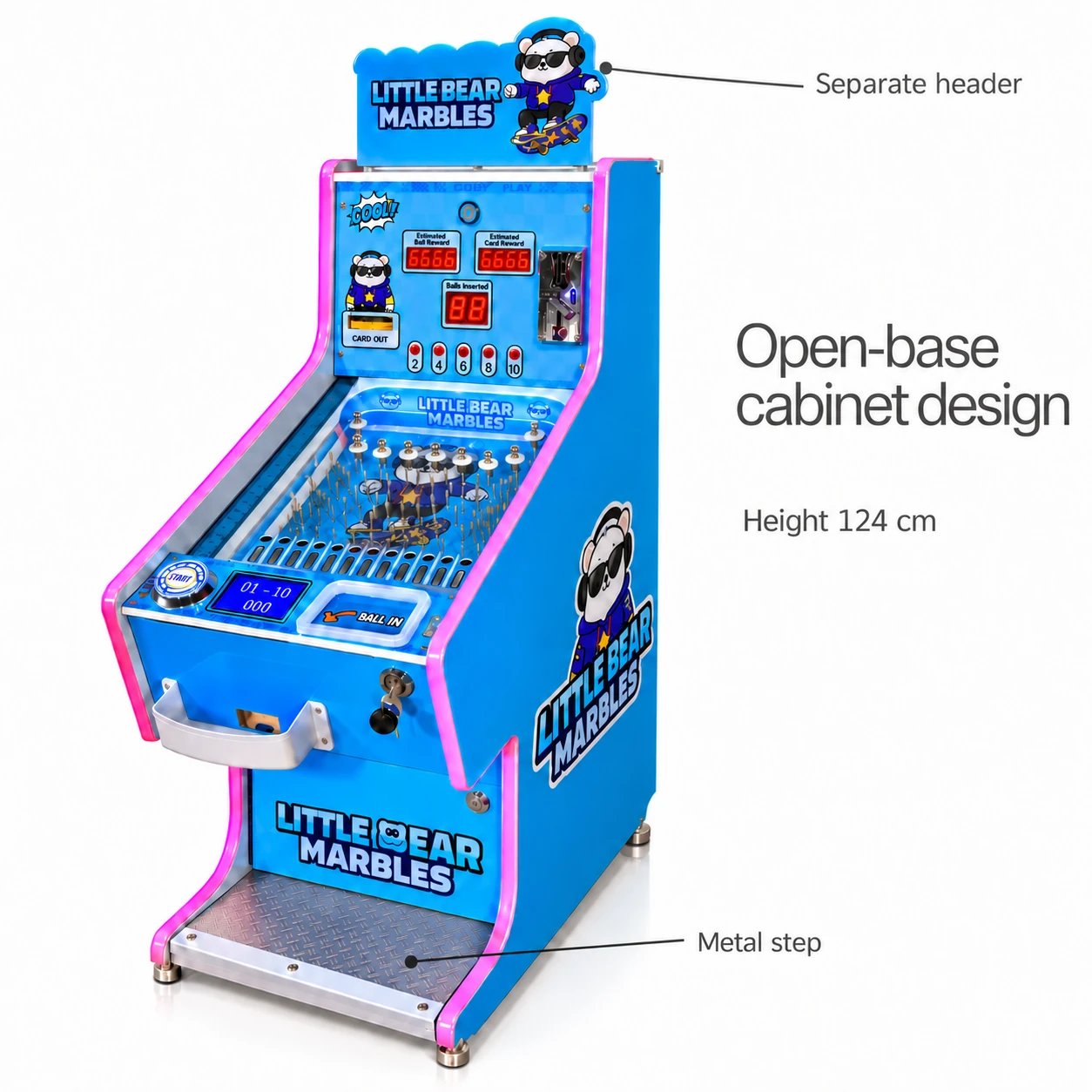 Oblique blue marble cabinet view showing separate bear header and open lower base with a metal step.