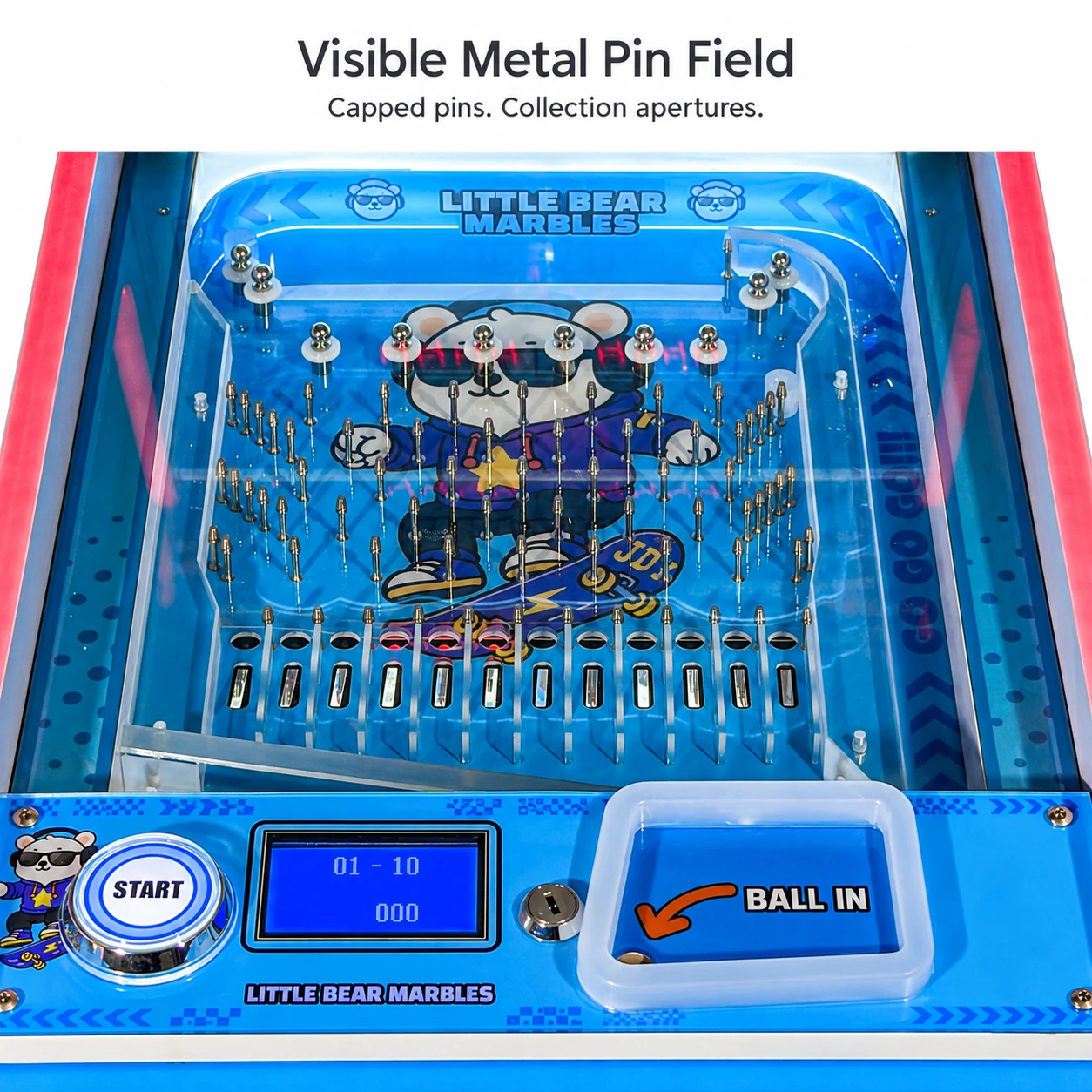 Close view of the blue cabinet pinfield showing dense small metal pins, large capped pins, paired round holes and short slots, with silver control and blue ball inlet below.