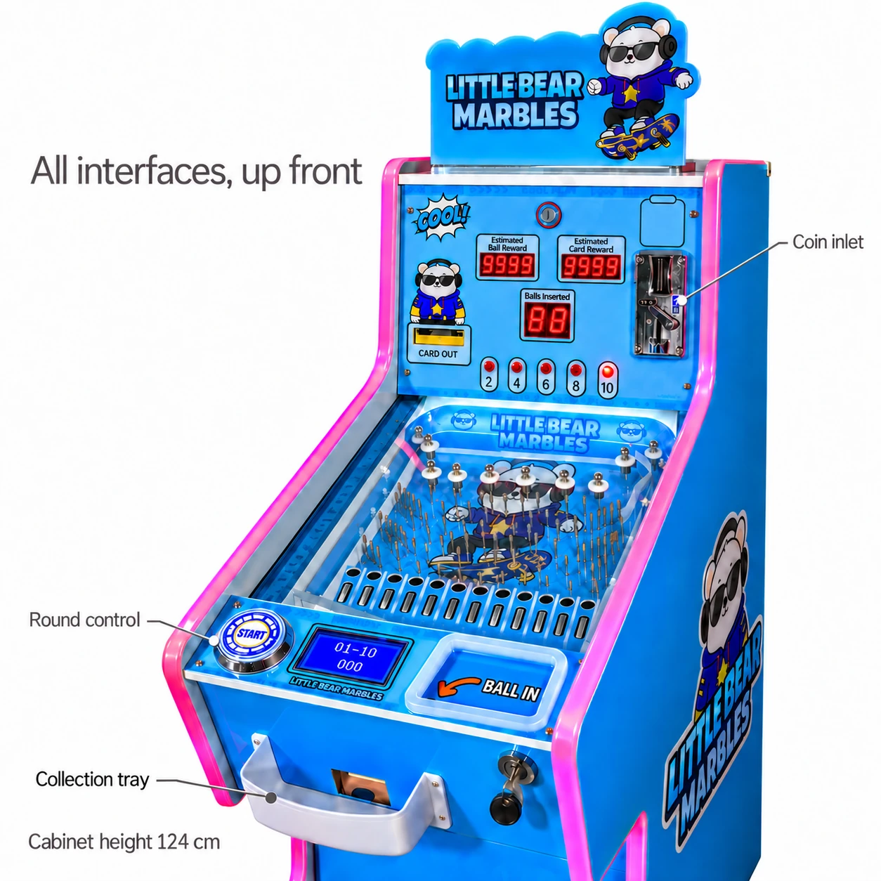 Blue cabinet front with labels for the left round control, upper right coin inlet and front white collection basket.