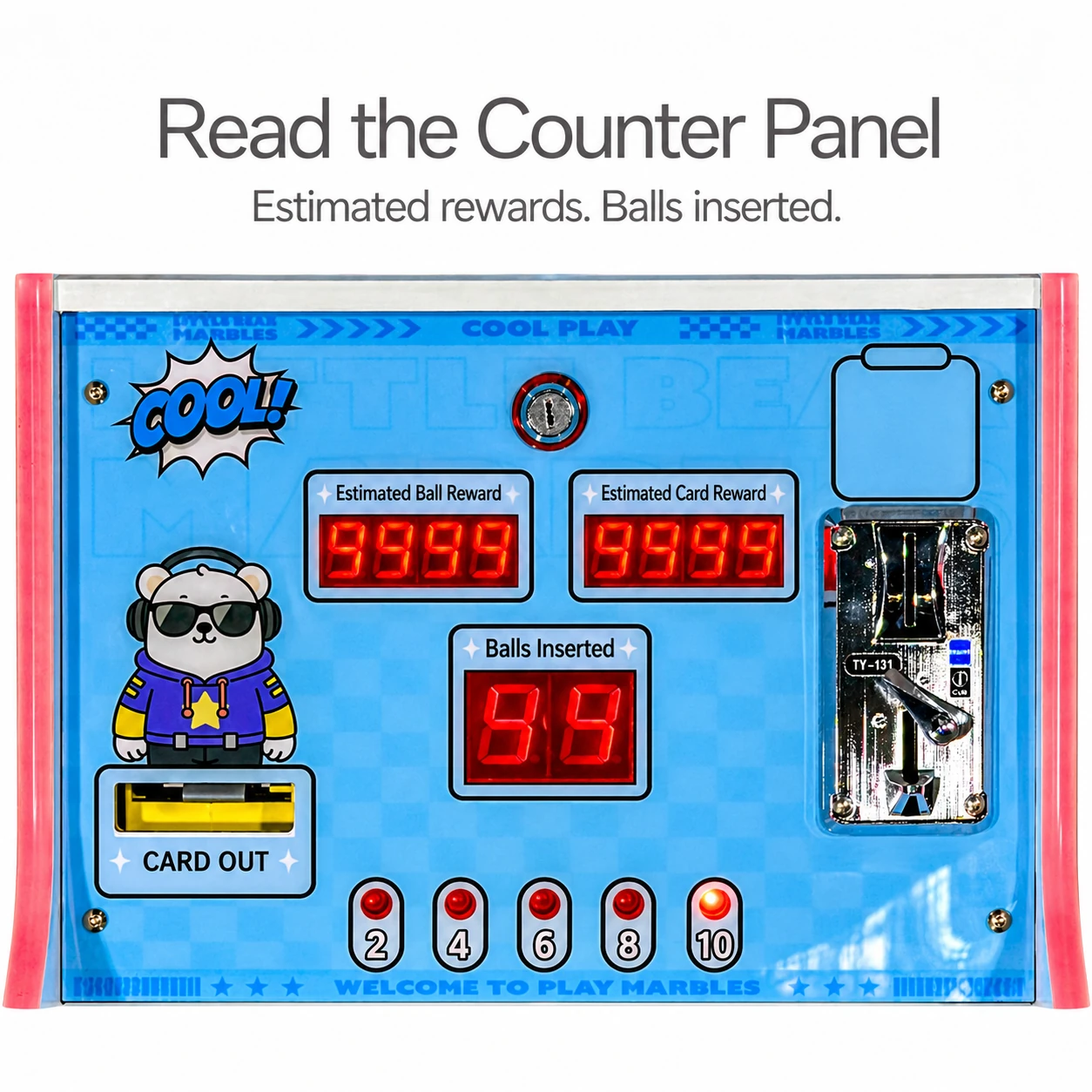 Blue counter panel with two estimated-reward counters, central balls-inserted display, five red numbered lamps, card outlet and coin inlet.