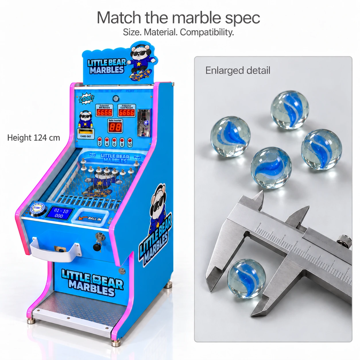 Blue marble cabinet with a plain Height 124 cm label beside a separate Enlarged detail panel containing glass marbles and a caliper.