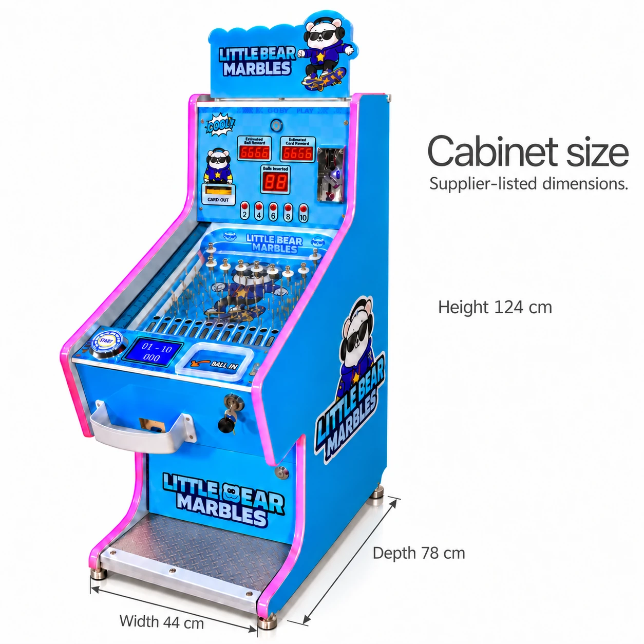 Blue marble cabinet with front-width and side-depth arrows and a plain total-height label: 44 cm width, 78 cm depth, 124 cm height.