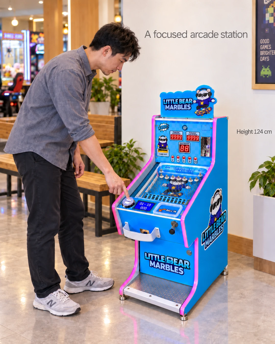One adult man using the silver round control beside the blue marble cabinet in an indoor recreation space.
