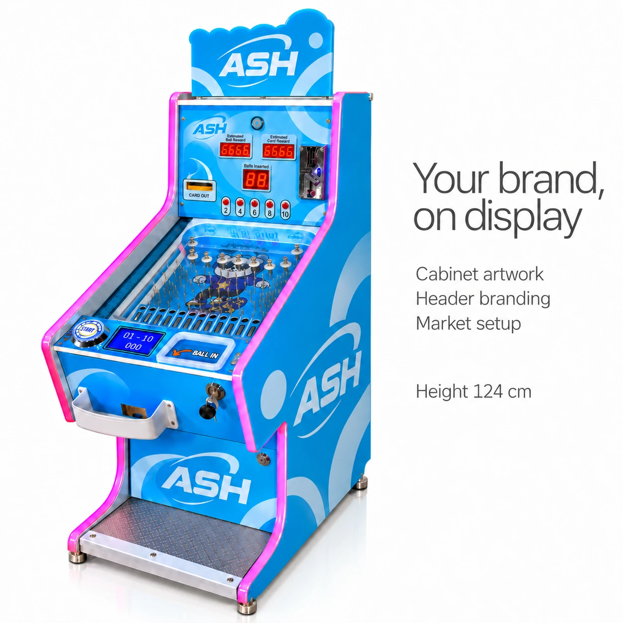 Blue cabinet with ASH exterior artwork on its separate header and body, retaining its controls and open base.