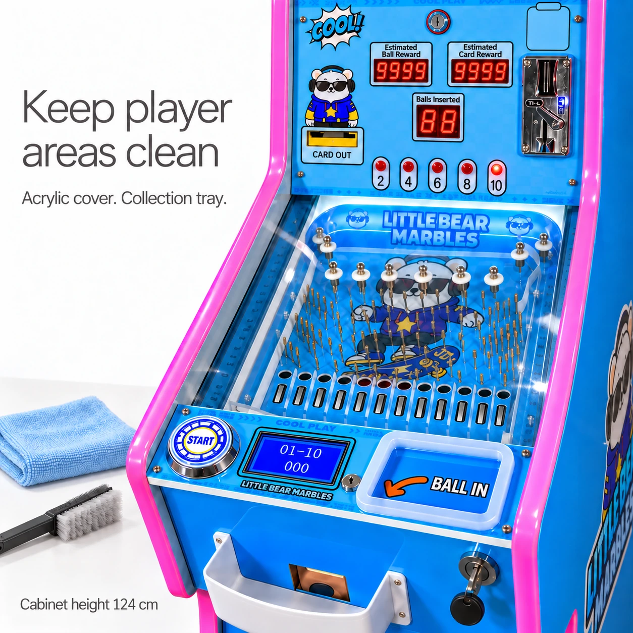 Closed blue marble cabinet showing the acrylic cover and collection basket beside a cloth and soft brush.