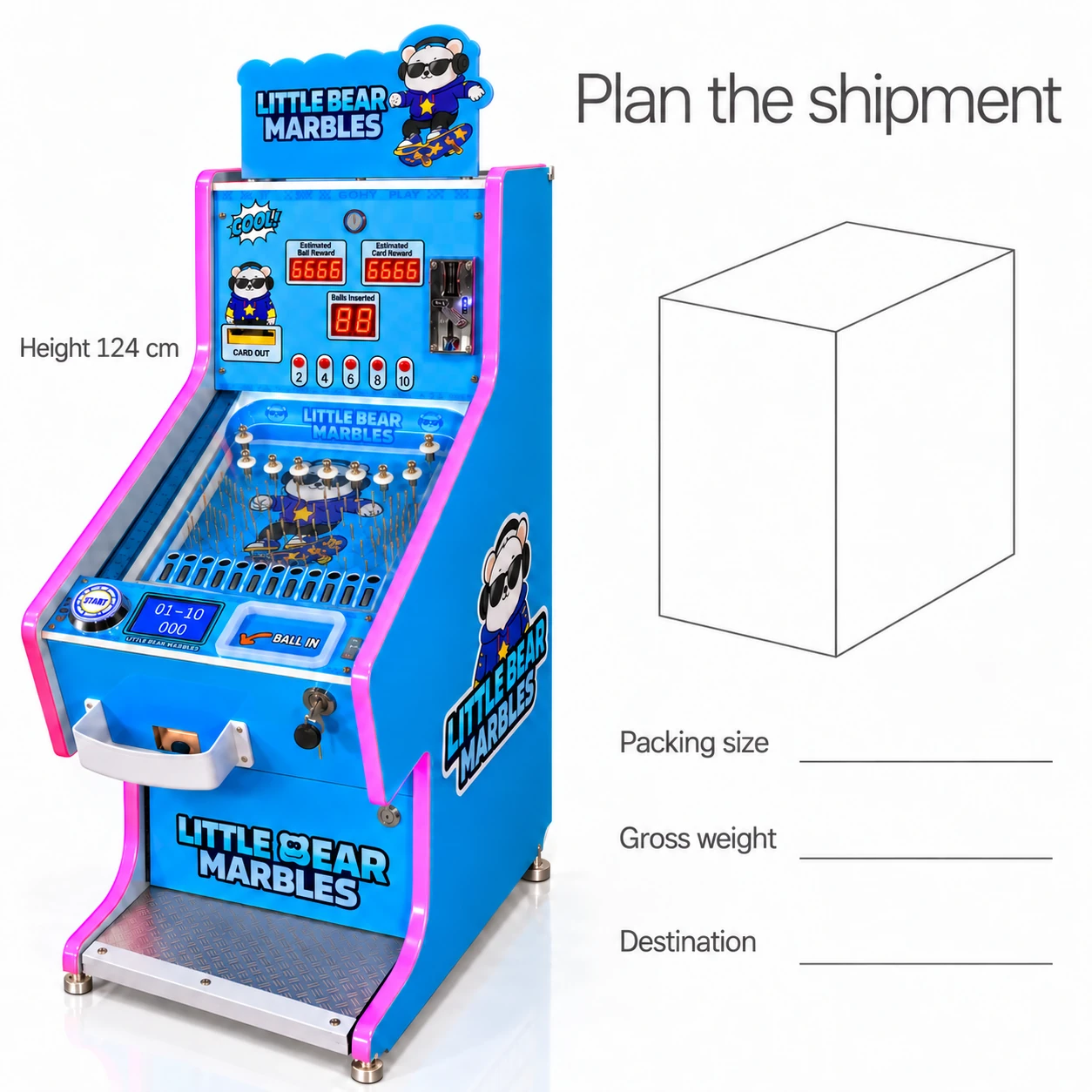 Blue cabinet beside a thin gray packing-box outline and empty fields for packing size, gross weight and destination.