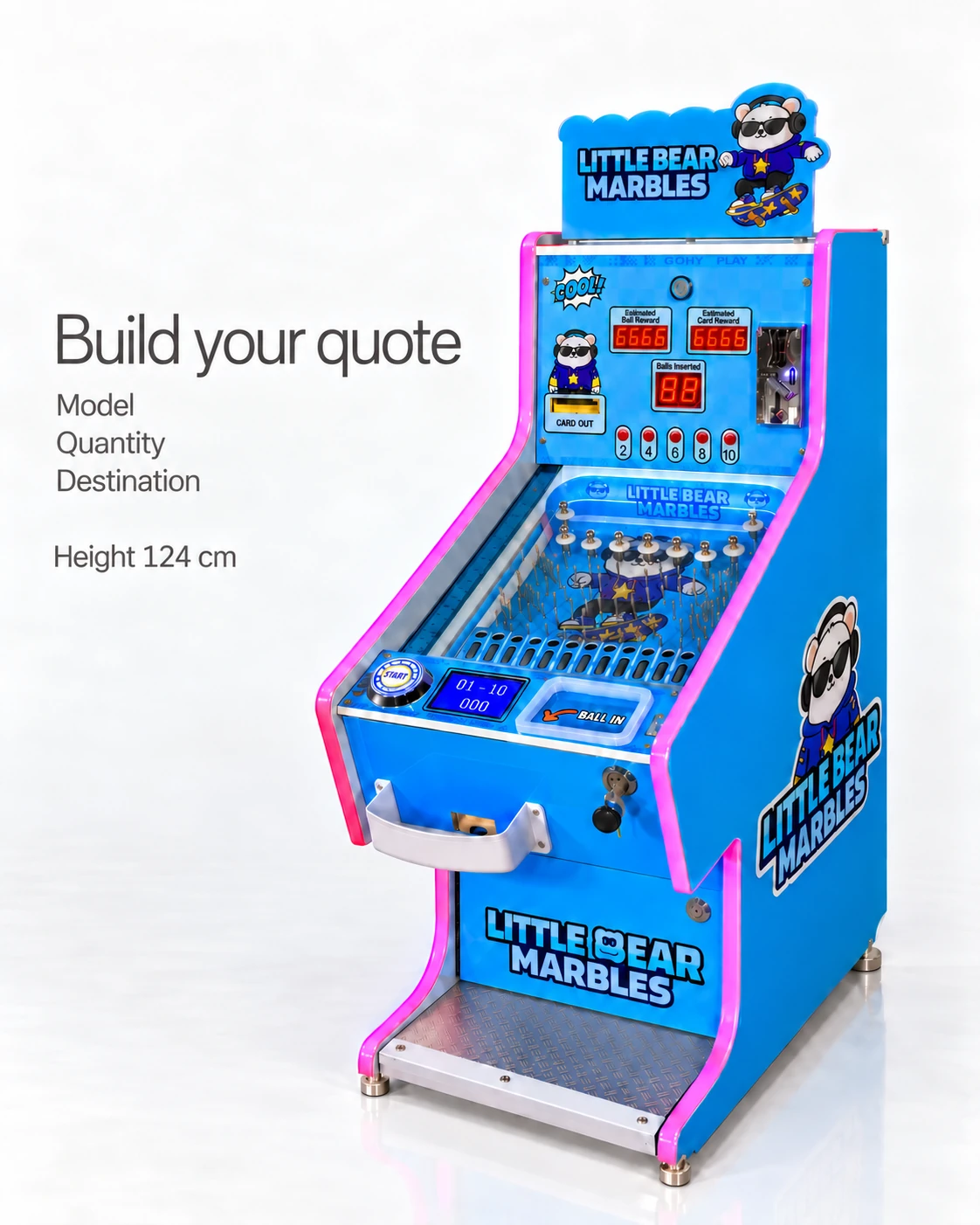 Full blue marble cabinet beside Model, Quantity and Destination quotation topics, with a Height 124 cm label.