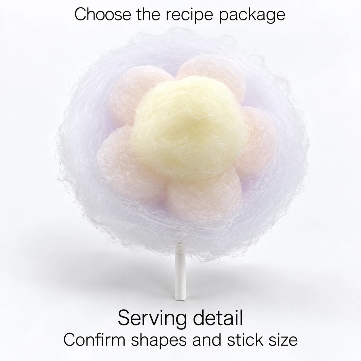 Representative flower-shaped cotton candy, serving detail; confirm shapes and stick size.