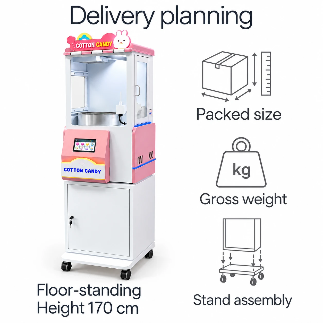 CT103 packed size, gross weight and stand assembly planning, height 170 cm.