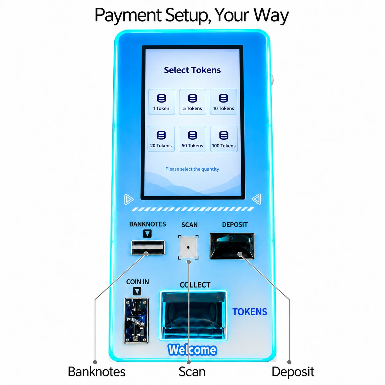 21.5-Inch Compact Token Kiosk: payment setup, your way