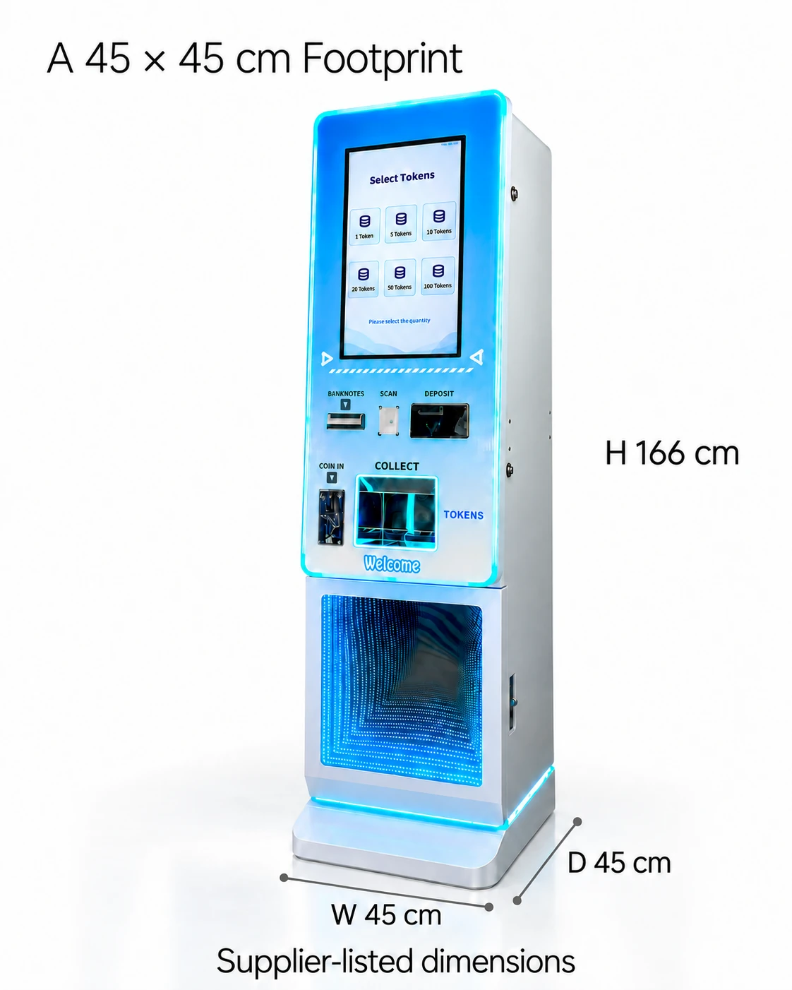 21.5-Inch Compact Token Kiosk: a 45 × 45 cm footprint