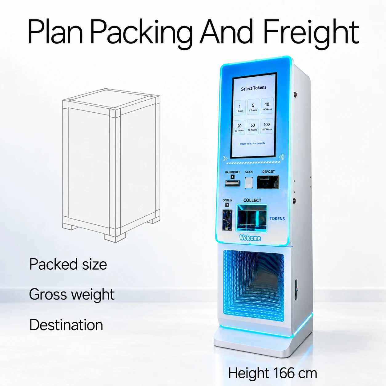 21.5-Inch Compact Token Kiosk: plan packing and freight