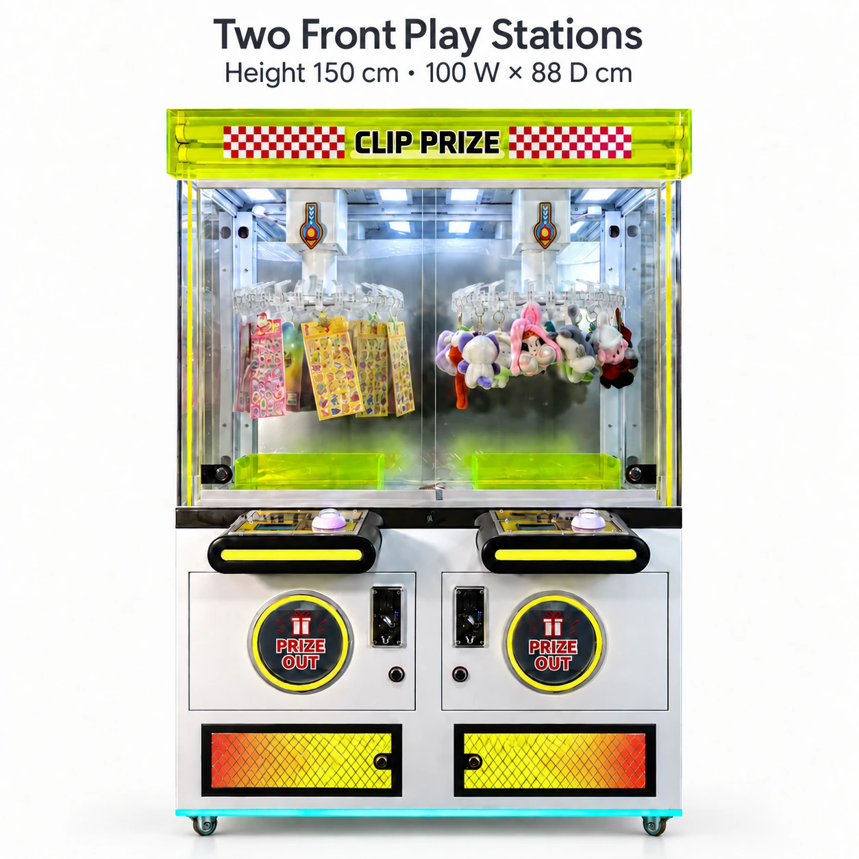 Front view of the dual clip prize machine showing two hanging-prize assemblies and separate control decks.