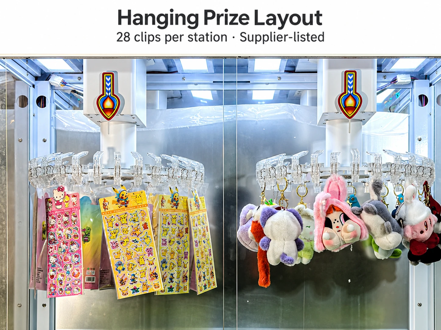 Close photograph of the transparent hanging clip assembly and attached small prize packs.