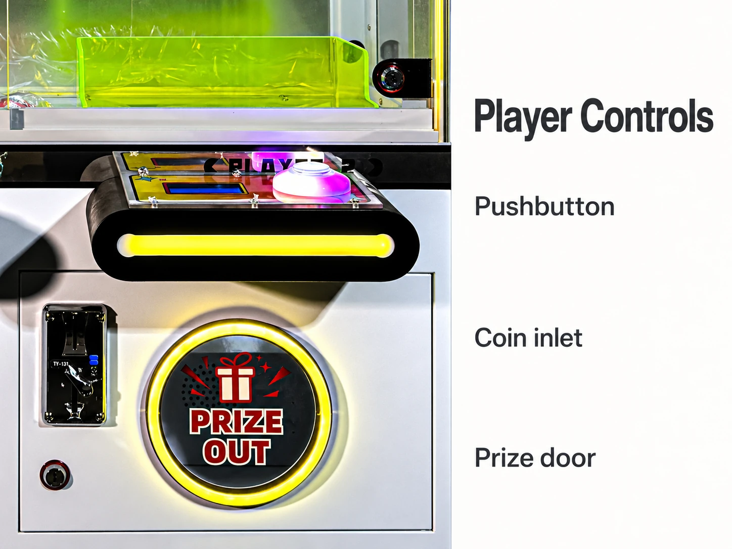 Source-shaped player panel with round pushbutton, coin inlet and yellow-rimmed prize collection door.