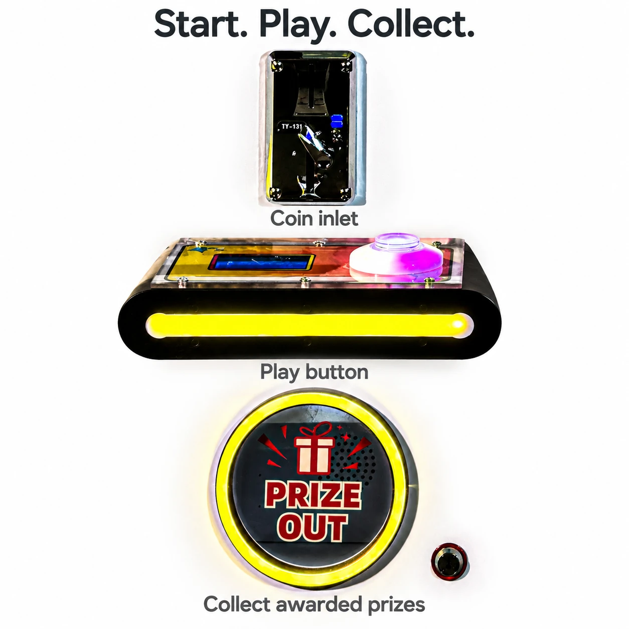 Three views of the coin inlet, play button and circular prize collection door.