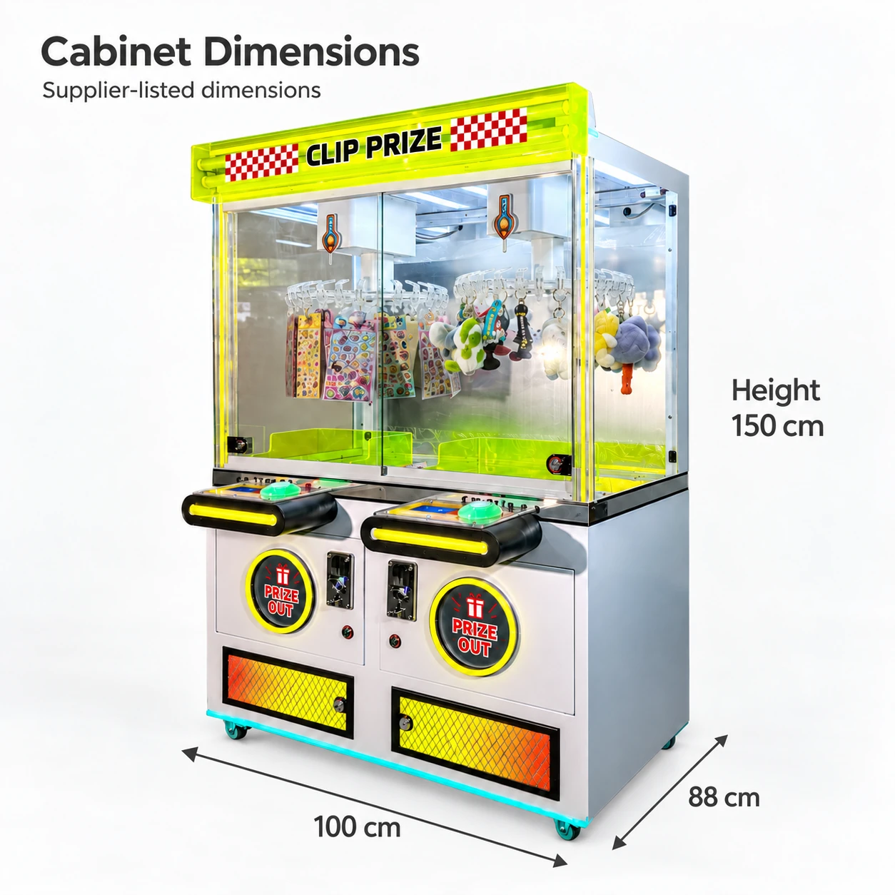 Dual clip prize cabinet with supplier-listed total Height150cm, front width100cm and side depth88cm; header and casters visible.