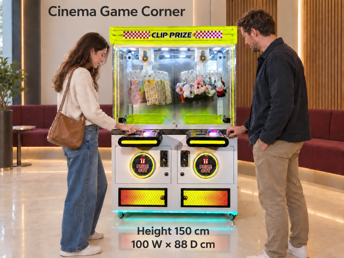 Two adults at the existing player buttons of the dual clip prize cabinet in an illustrative cinema lobby.