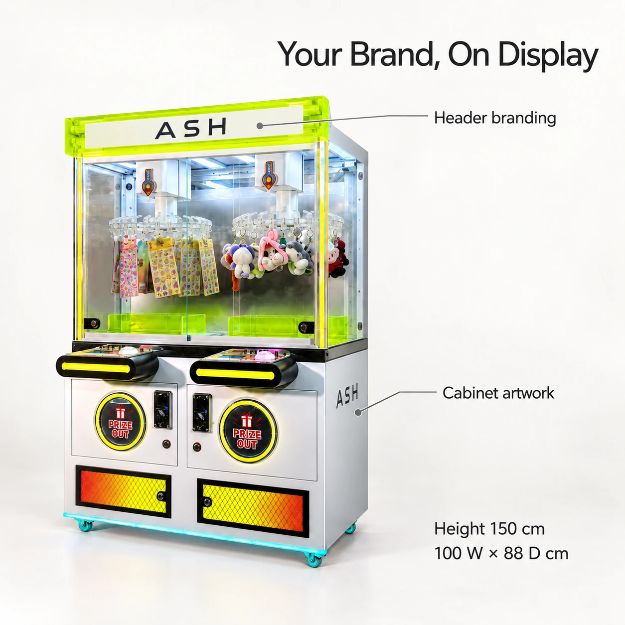 Dual clip prize cabinet with an ASH header and side artwork branding proposal.