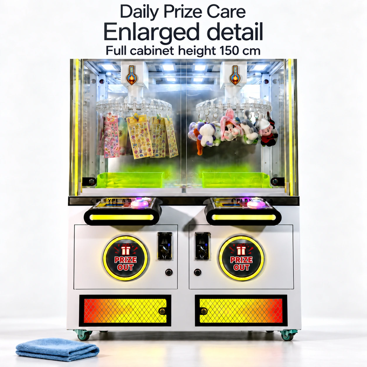 Closed dual clip prize cabinet showing hanging prizes, collection areas and an external cleaning cloth.