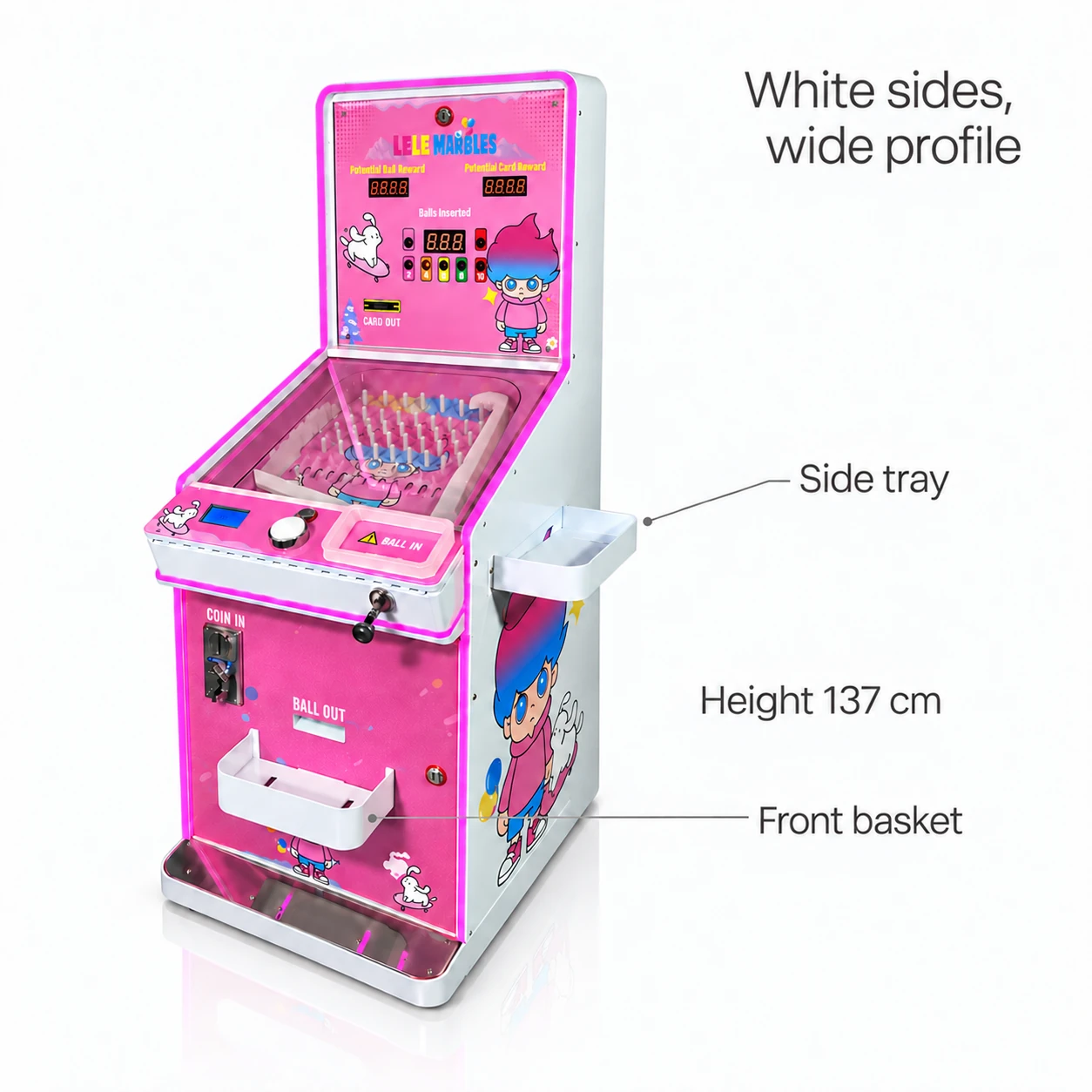 Oblique view of the pink marble cabinet showing its white right side, projecting tray and front basket.