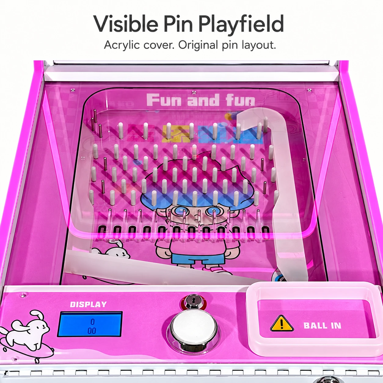Close view through the pink cabinet acrylic cover showing staggered white-sleeved pins, short front apertures and white return guides.