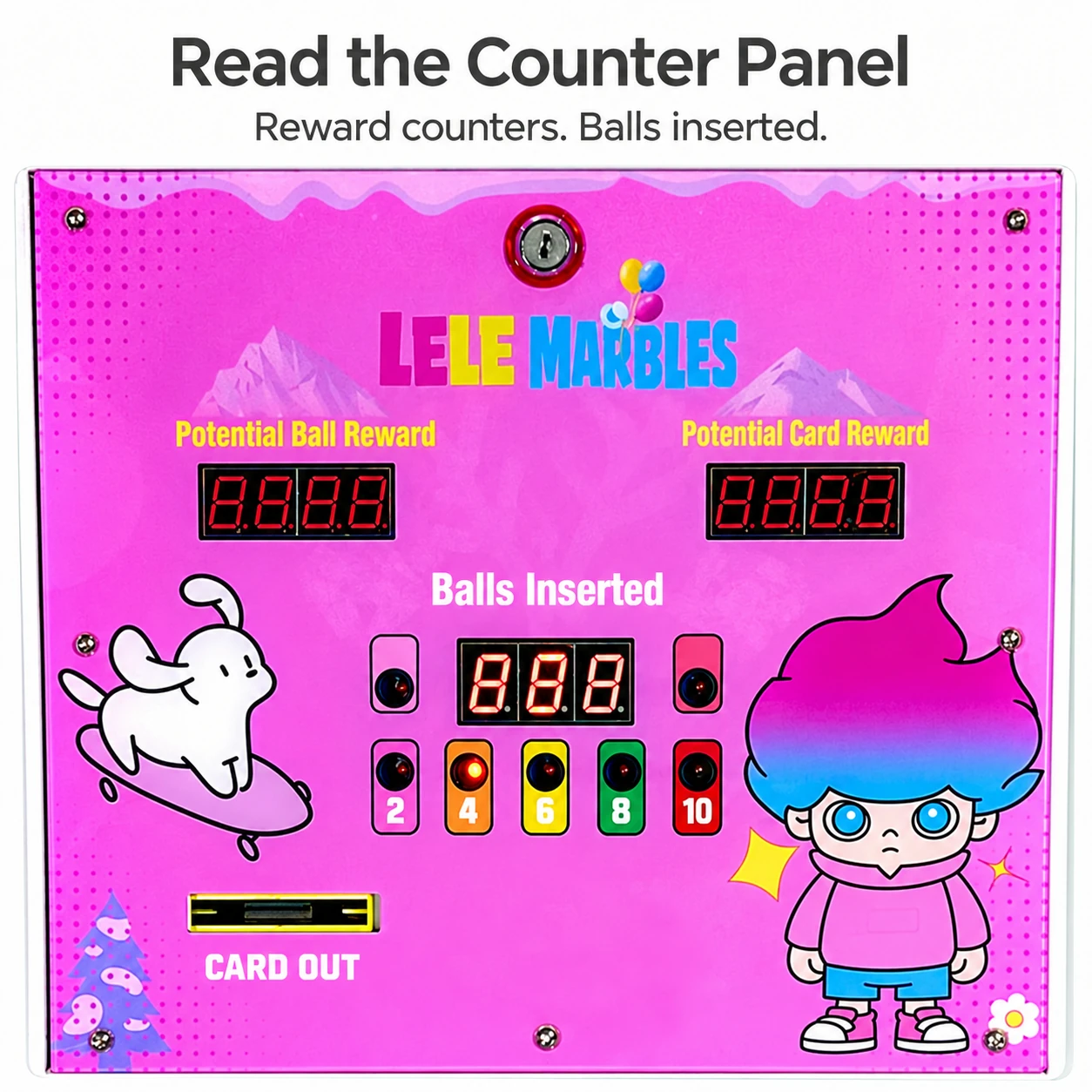 Pink counter panel with two reward counters, a balls-inserted display, five numbered indicator lamps and a card outlet.