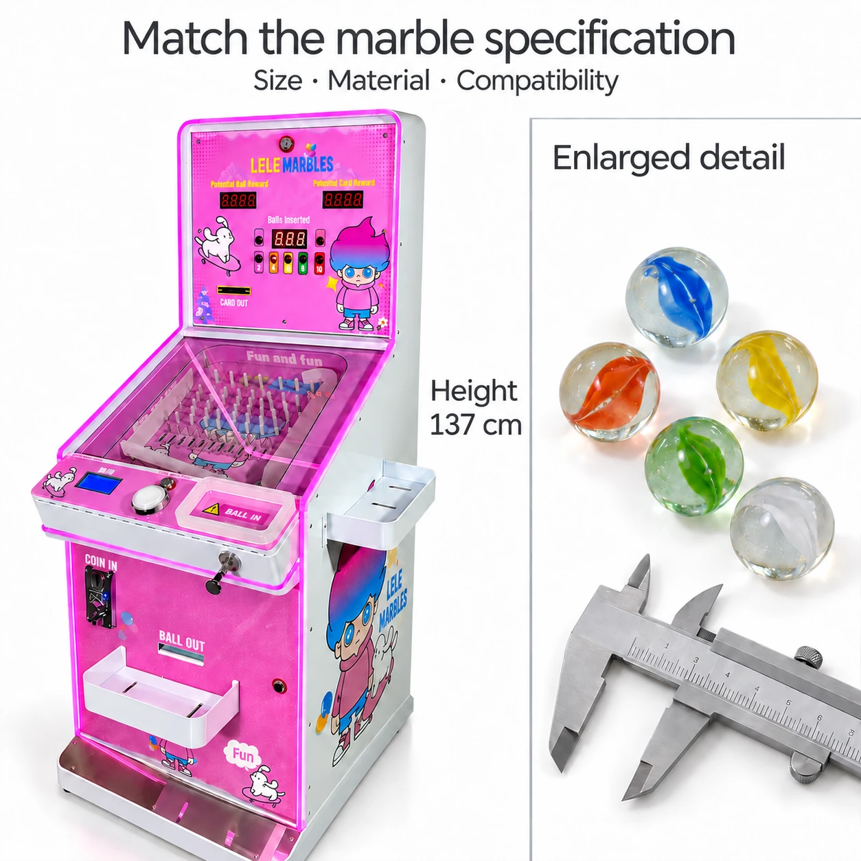 Pink marble cabinet with Height 137 cm annotation beside a separate Enlarged detail area containing illustrative glass marbles and a caliper.