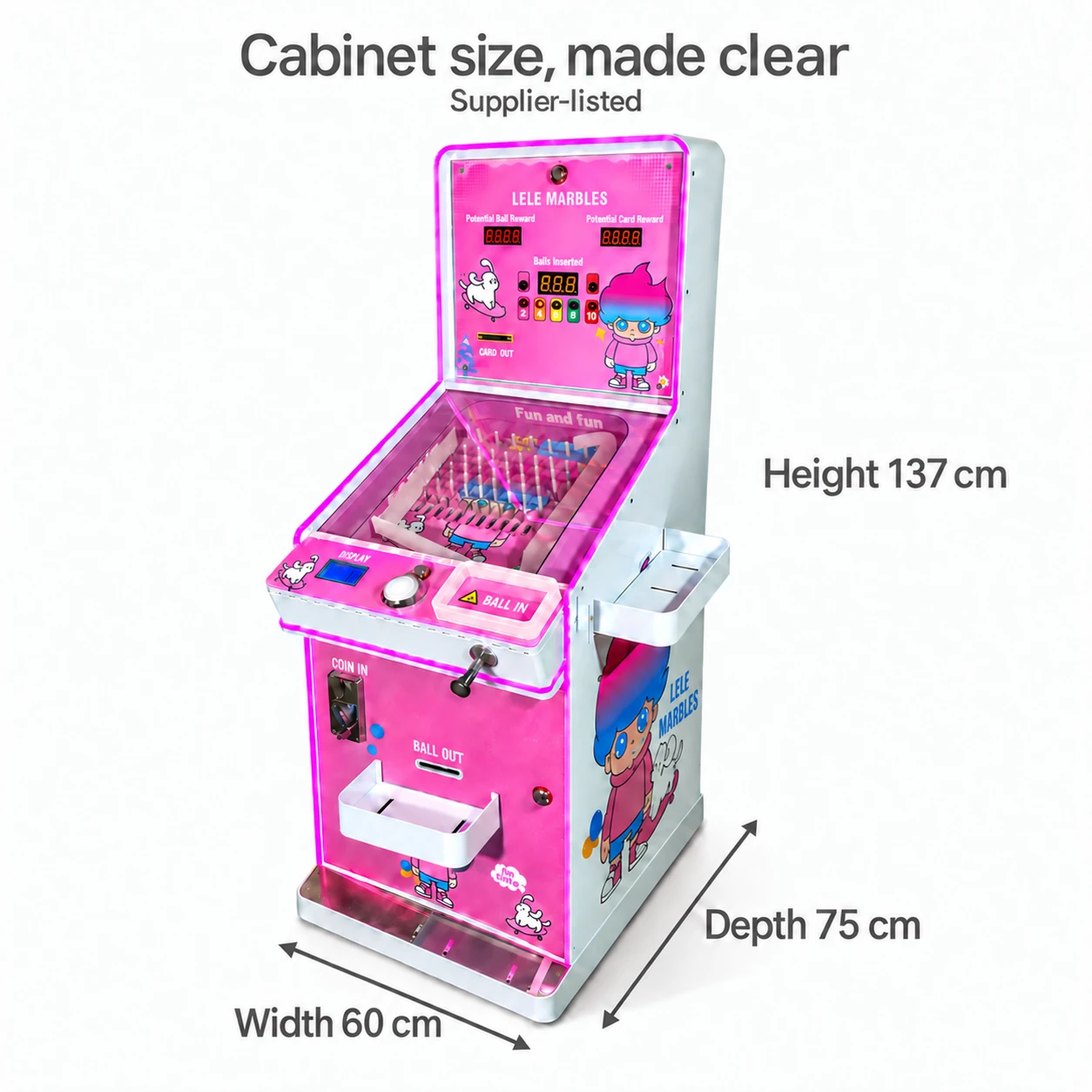 Pink marble cabinet with front-width and side-depth arrows and a plain total-height label: 60 cm width, 75 cm depth, 137 cm height.
