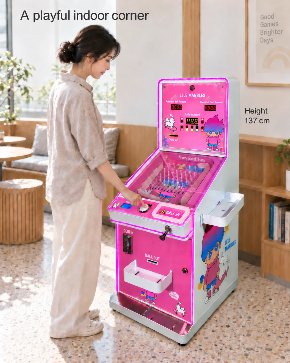 One adult woman standing beside a pink marble cabinet and touching the white round control in a softly lit recreation corner.