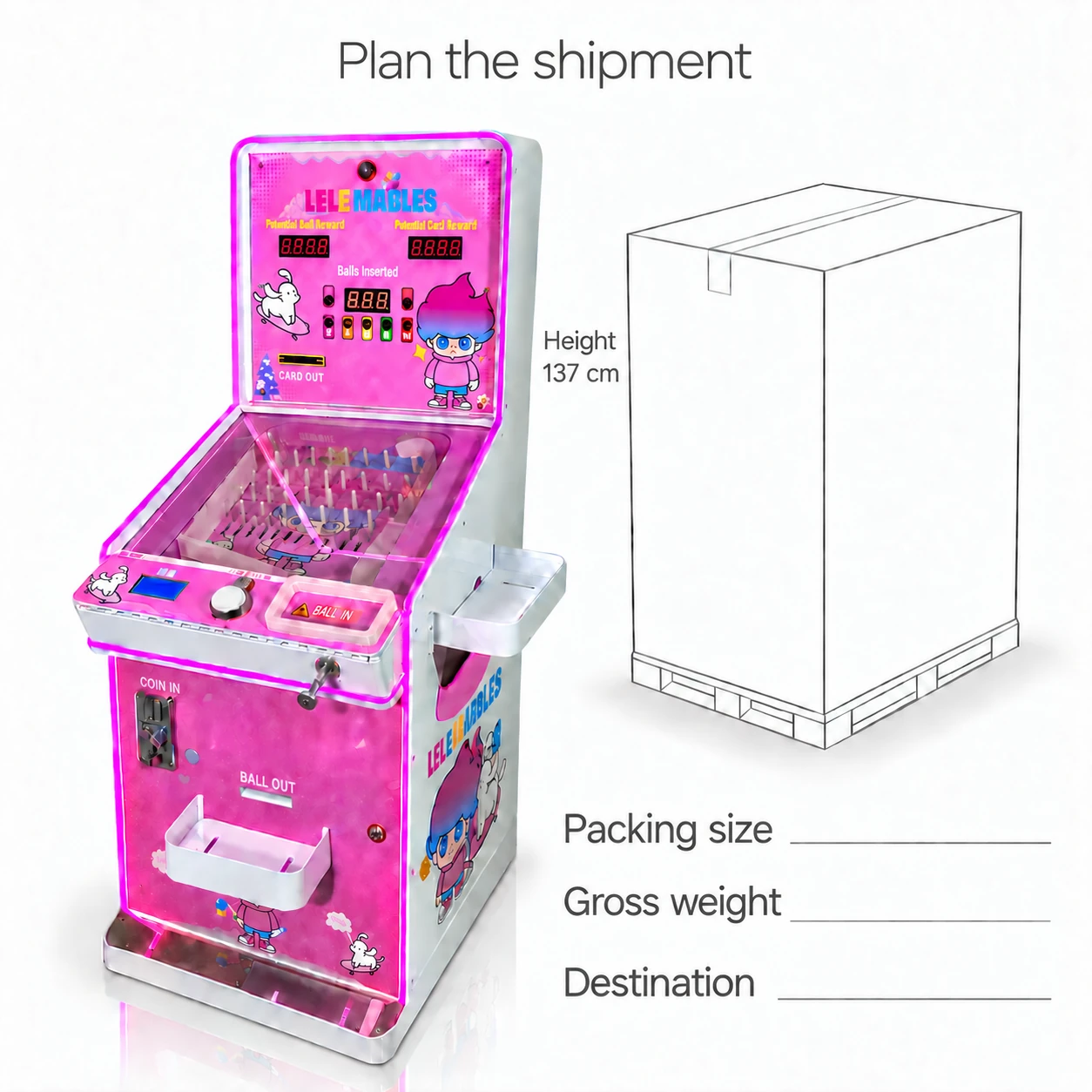 Pink cabinet beside a thin gray packing-box outline and empty fields for packing size, gross weight and destination.