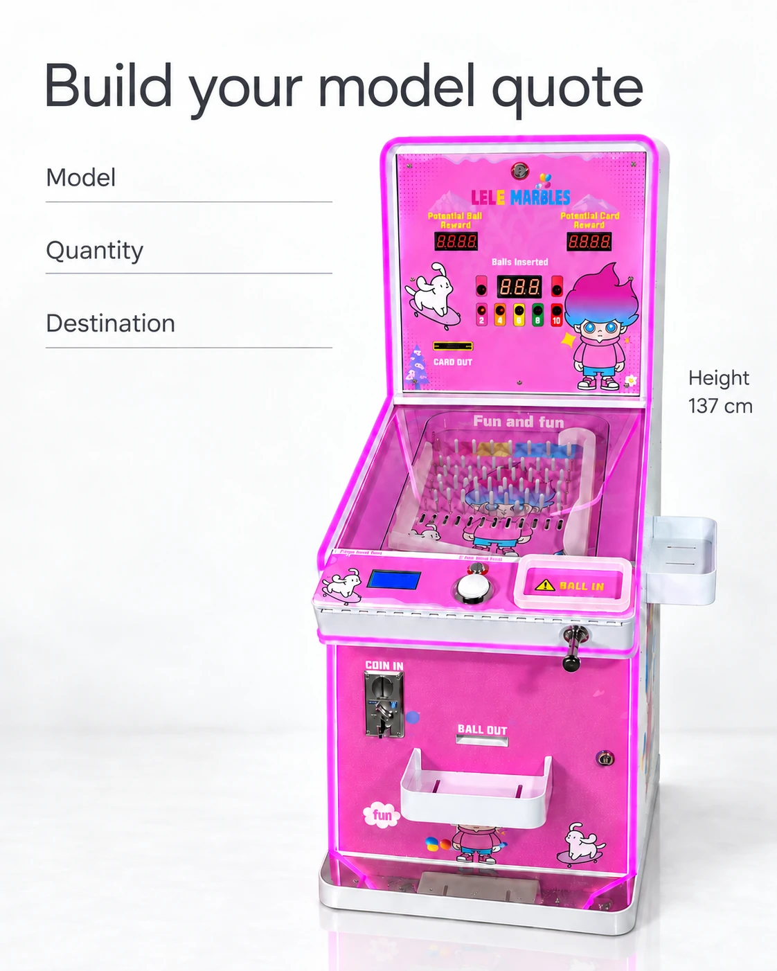 Pink cabinet beside empty model, quantity and destination fields.