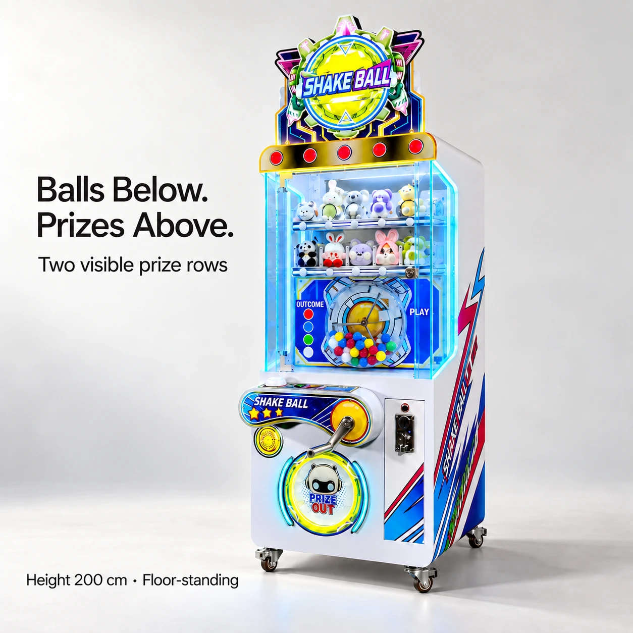 A three-quarter view of the tall Shake Ball cabinet showing the prize rows above the ball chamber and the original metal crank.