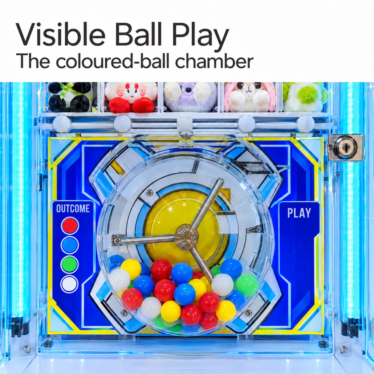 A close view of the round transparent ball chamber with coloured balls, yellow centre and three metal spokes.