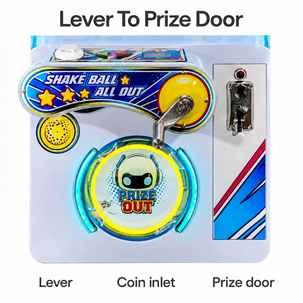 Close view of the original formed metal crank, coin inlet and round prize door on the Shake Ball cabinet.