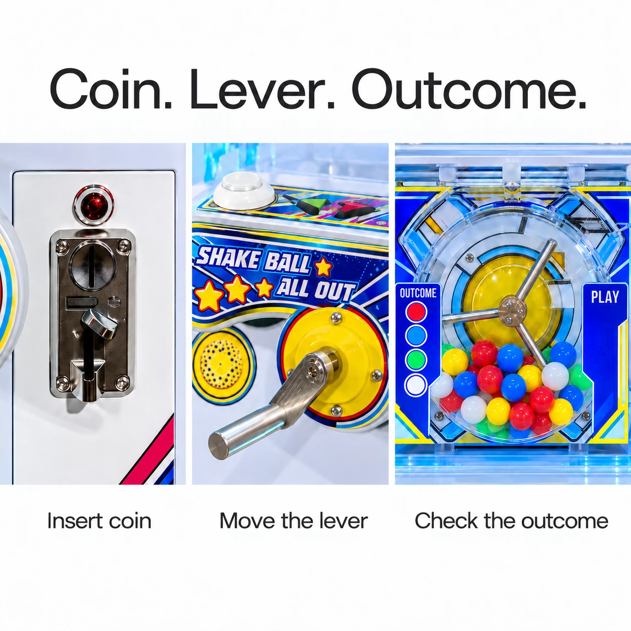 Three exterior detail photographs showing the coin inlet, metal crank and ball chamber on the Shake Ball game.