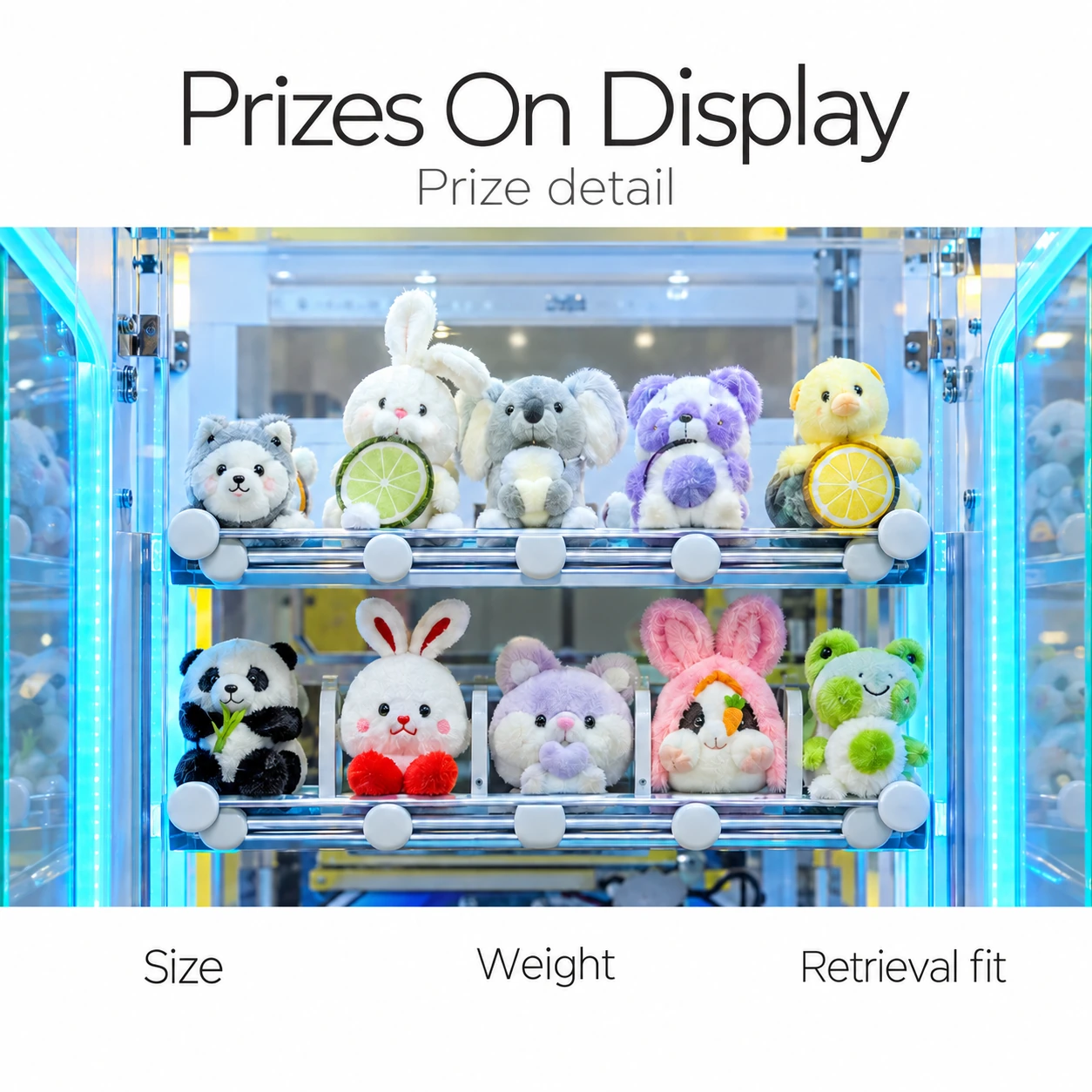 Two visible plush prize rows behind the glass display, with prize size, weight and retrieval fit topics.