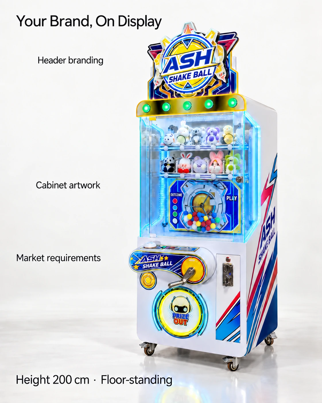 A complete Shake Ball cabinet with ASH branding artwork on its existing header and cabinet print areas.