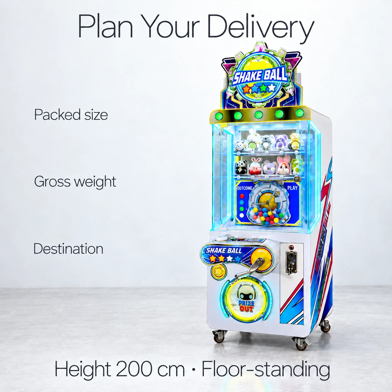 Complete Shake Ball cabinet in a studio beside packed size, gross weight and destination topics for delivery planning.