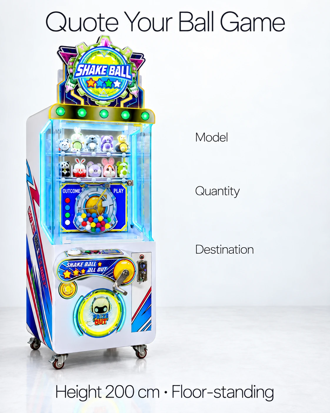 Complete Shake Ball cabinet beside model, quantity and destination fields for a quotation brief.