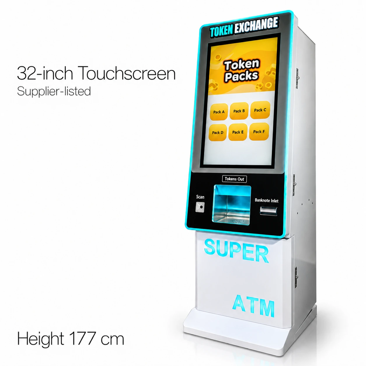 A three-quarter view of the 177cm token kiosk with supplier-listed 32-inch touchscreen, stepped base and English front labels.
